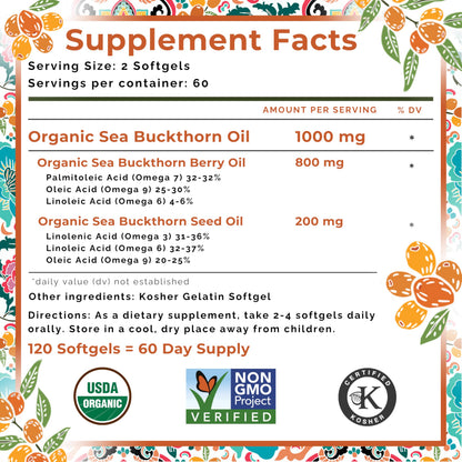 SeabuckWonders Omega-7 Complete bottle next to healthy skin and hair care products