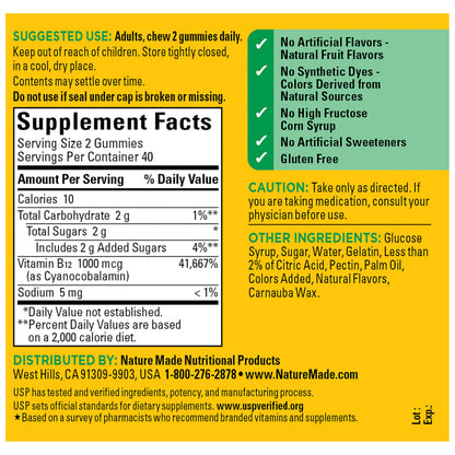 Nature Made B12 energy vitamins bottle showing side ingredient details