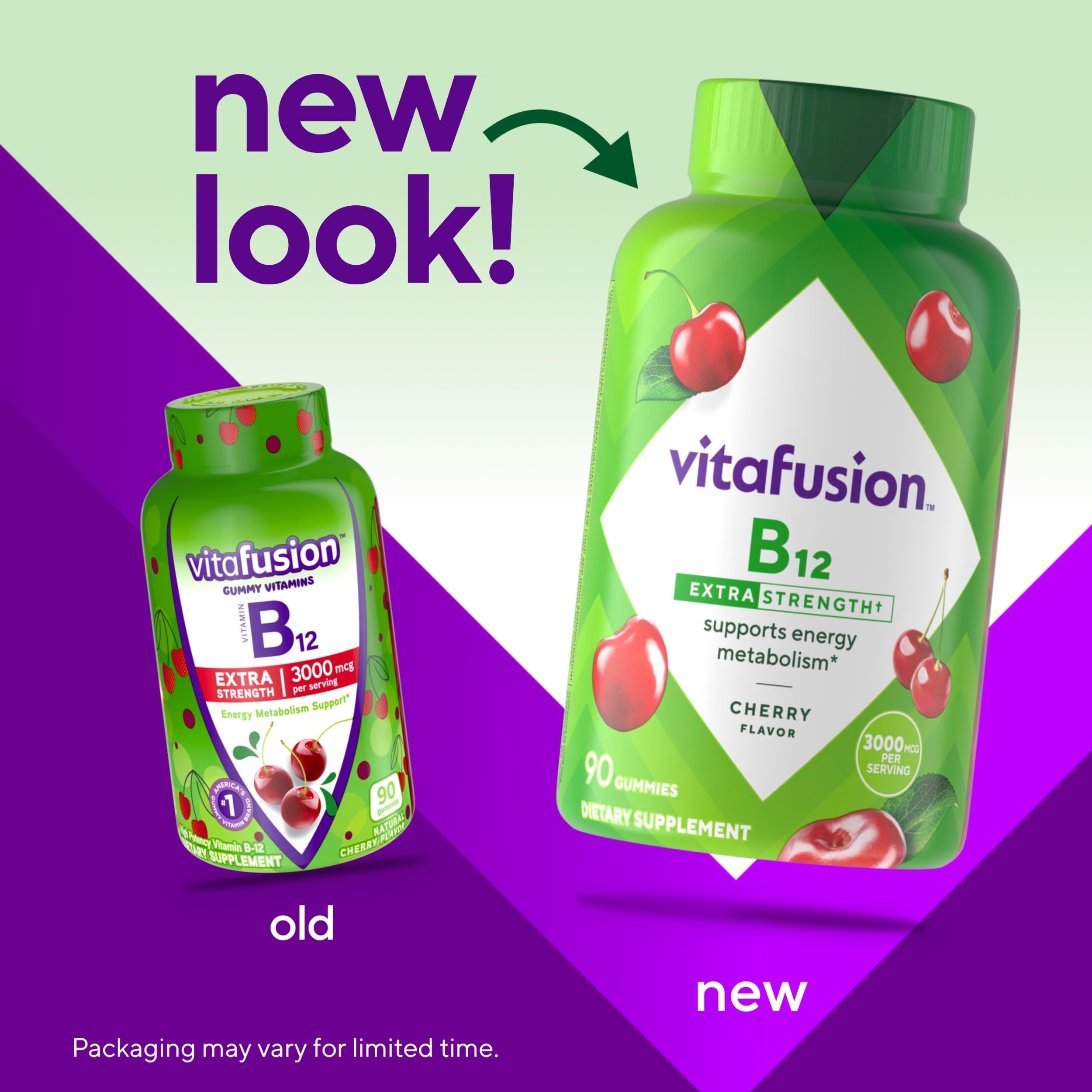 Vitafusion B12 90 chewable gummies showing nutritional supplement facts label