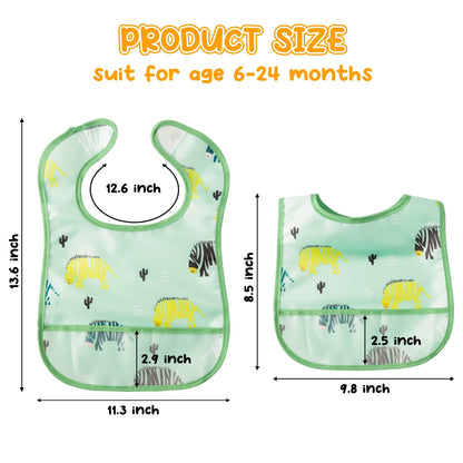 Infant wearing a 2ooya sleeveless toddler bib with the front crumb catcher pocket open catching dropped food