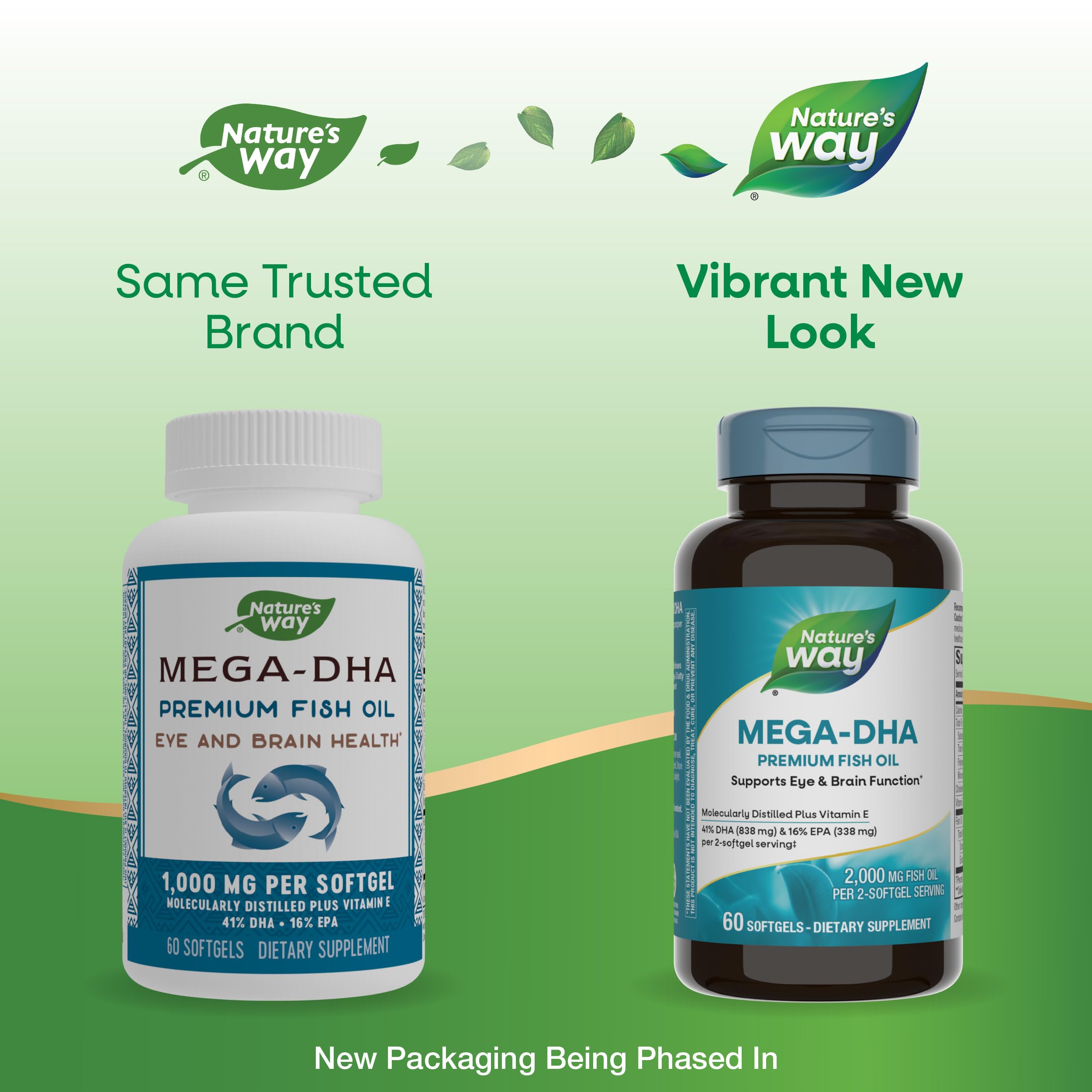 Nature's Way Mega DHA 2000mg supplement facts panel showing EPA and DHA levels