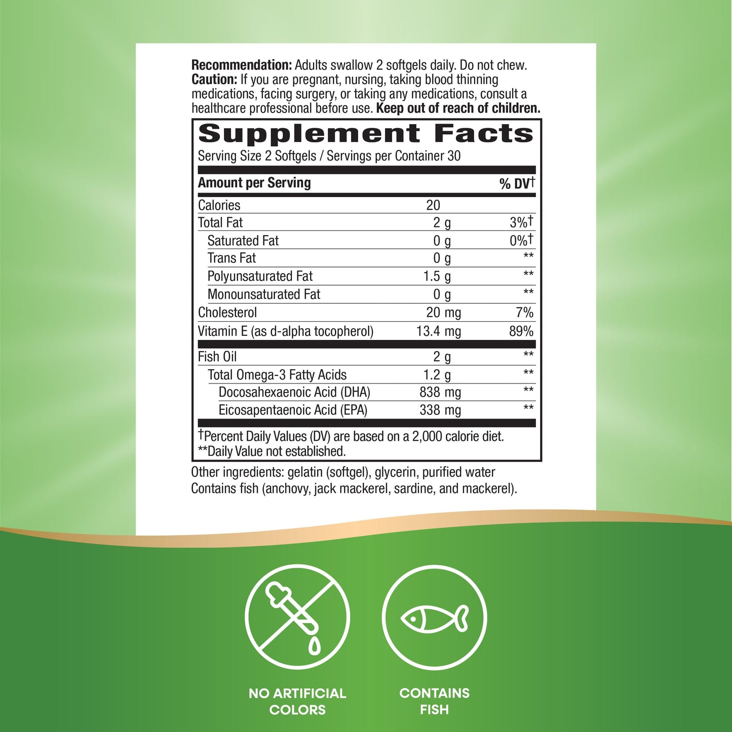 Premium wild caught marine fish oil softgels containing Vitamin E antioxidant protection