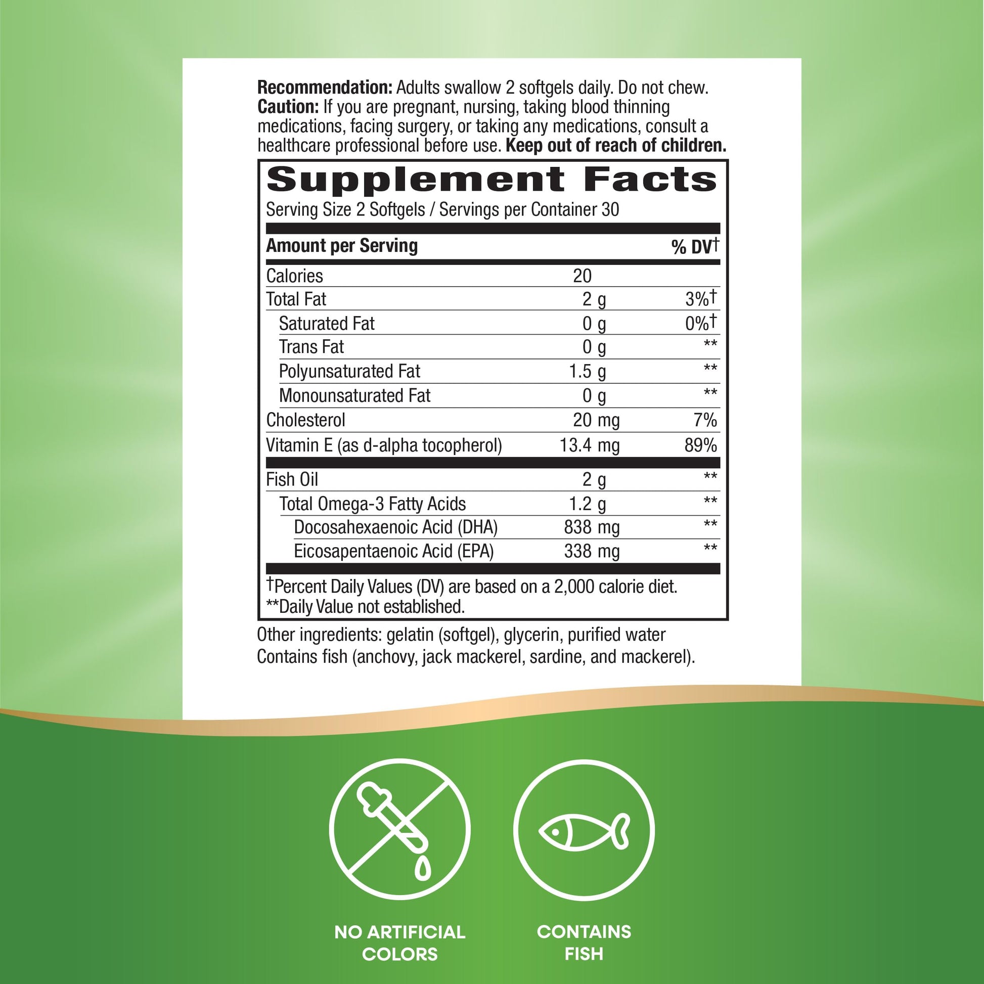Premium wild caught marine fish oil softgels containing Vitamin E antioxidant protection
