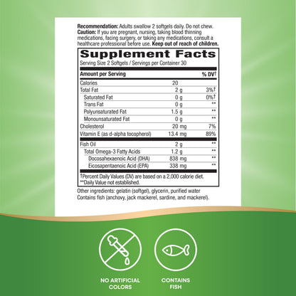 Premium wild caught marine fish oil softgels containing Vitamin E antioxidant protection