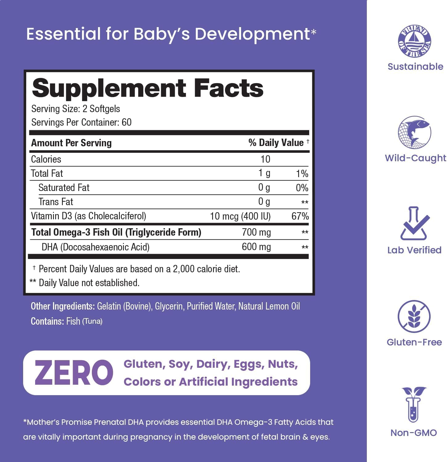 Mother's Promise Prenatal DHA supplement facts label close up view