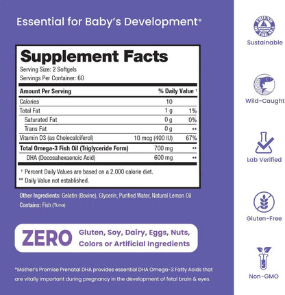 Mother's Promise Prenatal DHA supplement facts label close up view