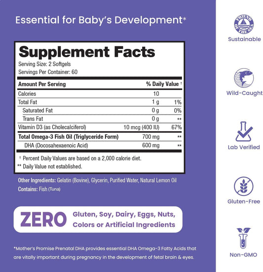 Mother's Promise Prenatal DHA supplement facts label close up view