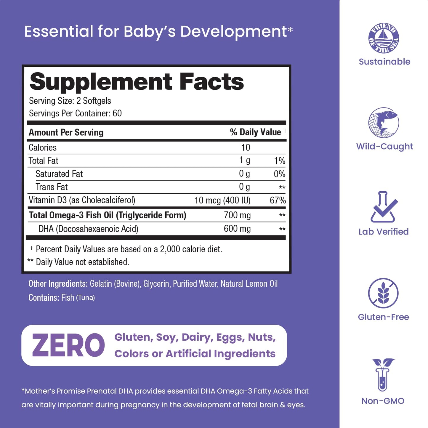 Mother's Promise Prenatal DHA side packaging showing third party testing details