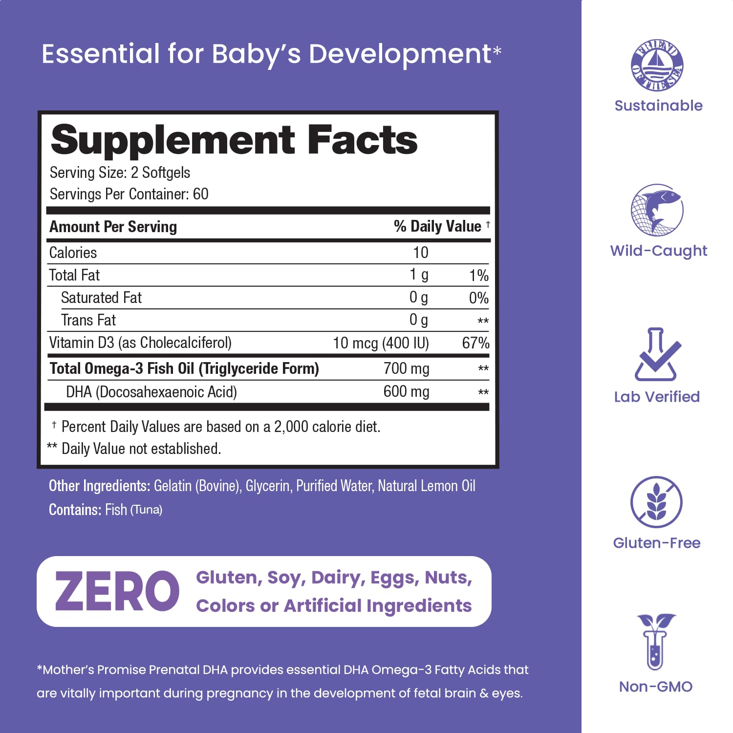 Mother's Promise Prenatal DHA side packaging showing third party testing details