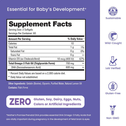 Mother's Promise Prenatal DHA side packaging showing third party testing details
