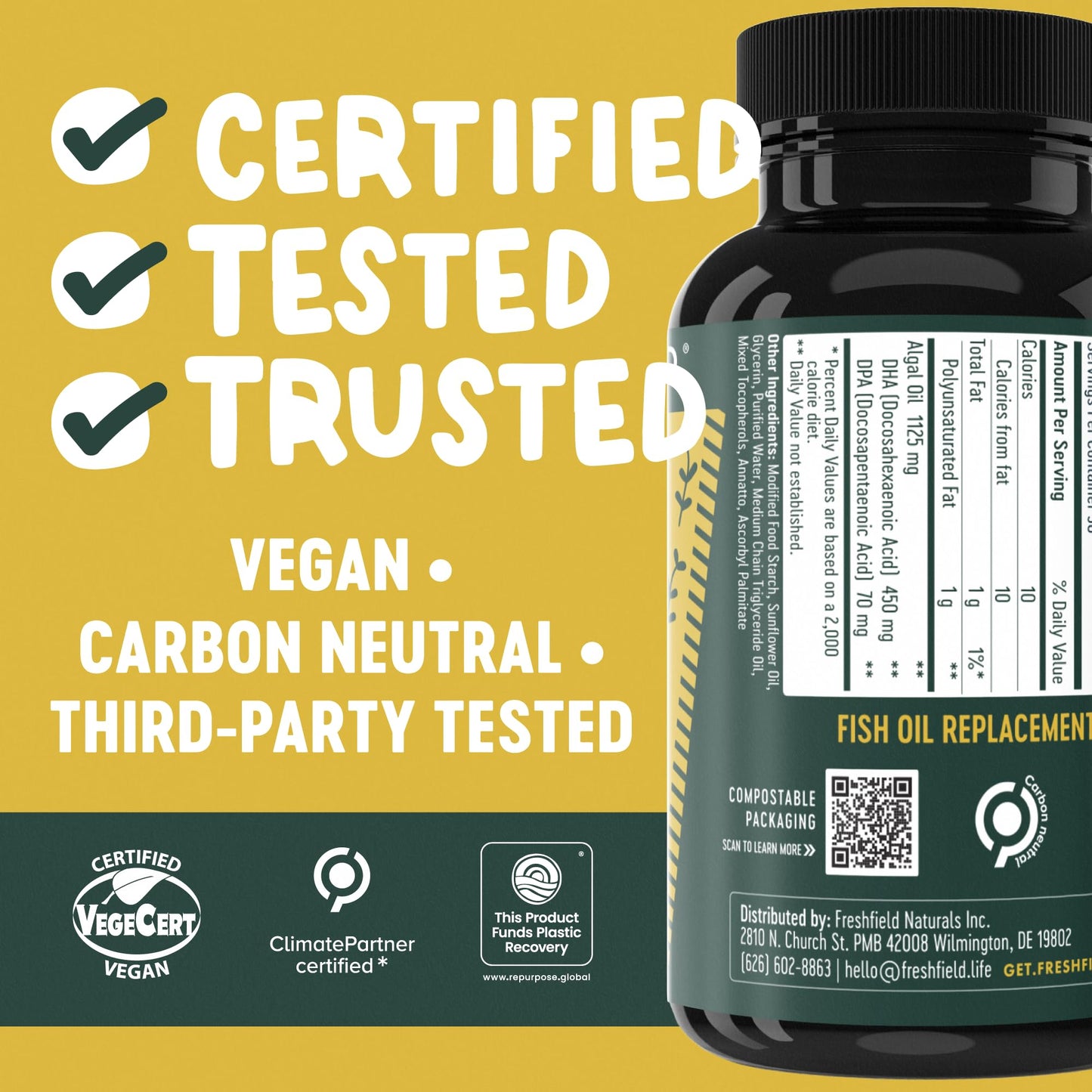 Freshfield Vegan Omega 3 capsules close up showing carrageenan free softgels