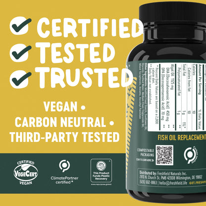 Freshfield Vegan Omega 3 capsules close up showing carrageenan free softgels