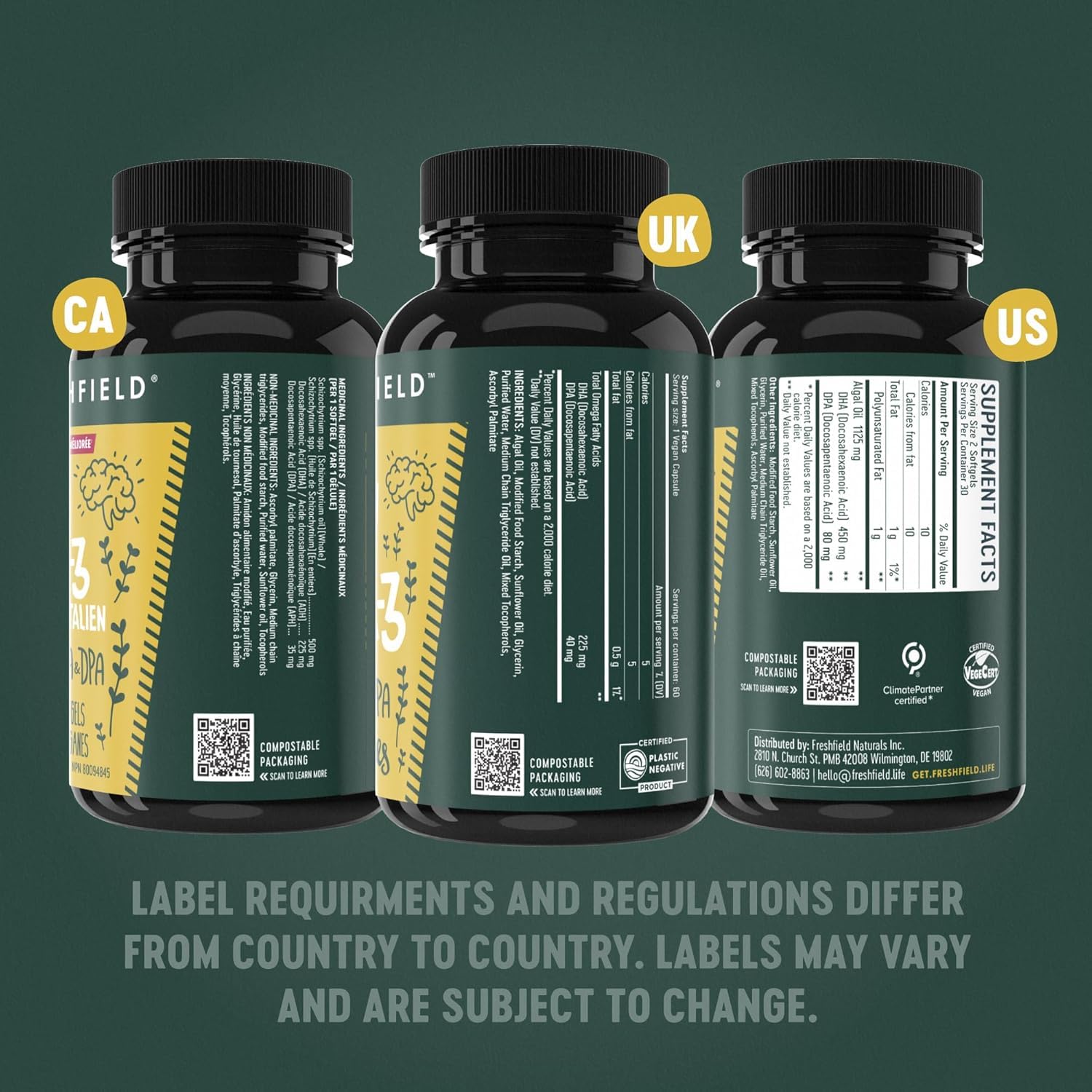 Freshfield natural marine algae omega supplement side view of eco friendly bottle