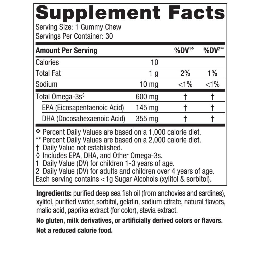 Nordic Naturals children's omega 3 fish oil gummies nutrition facts label side view