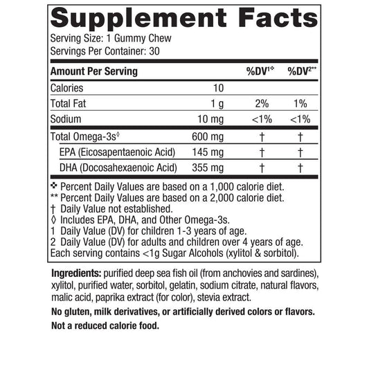 Nordic Naturals children's omega 3 fish oil gummies nutrition facts label side view