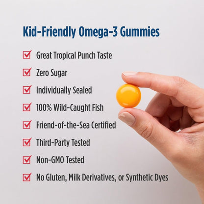 Nordic Naturals 600 milligrams omega 3 gummies for kids ingredients list close up