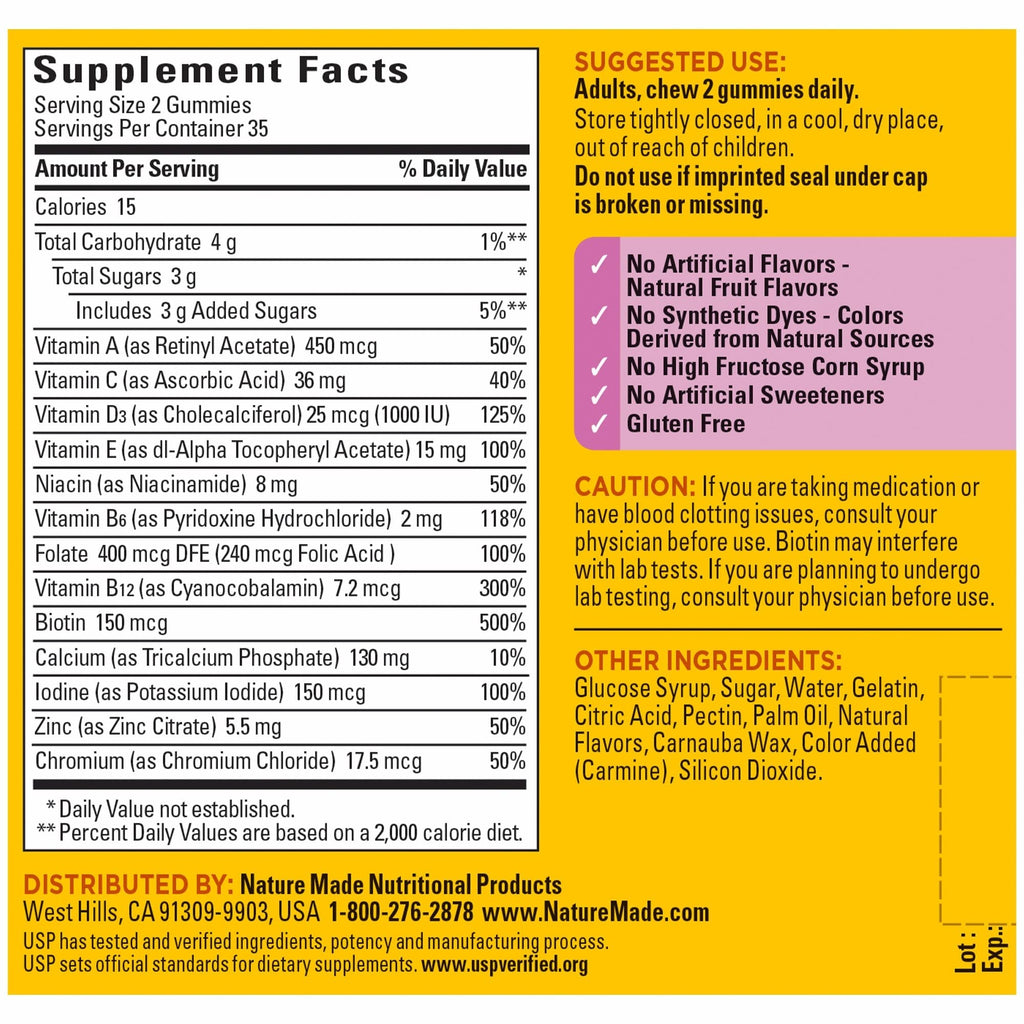 Side profile of Nature Made women health dietary supplement container showing dosage details
