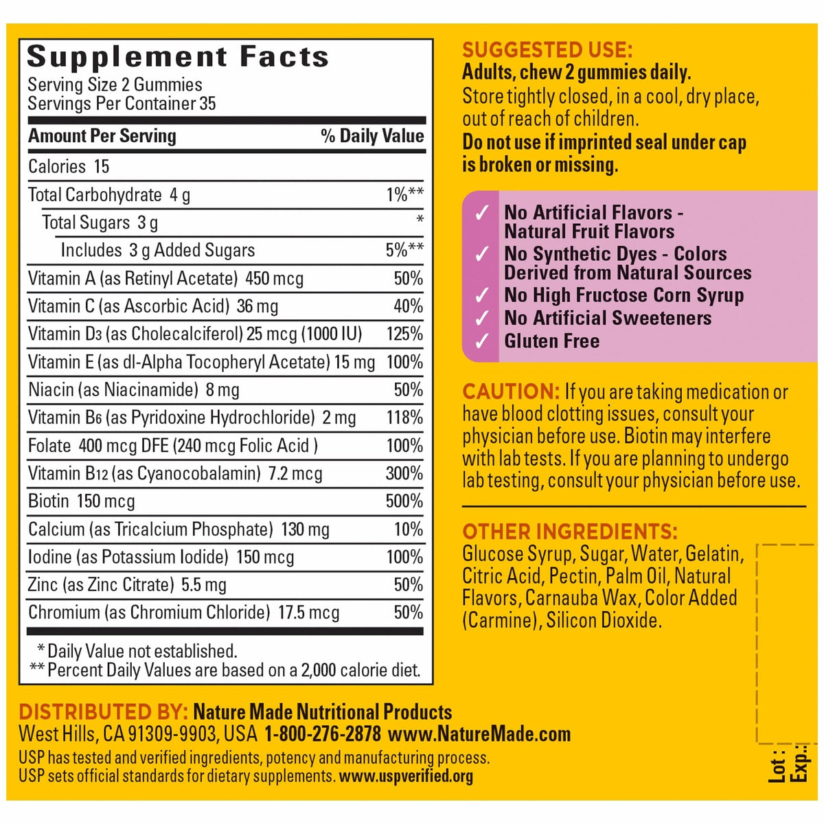 Side profile of Nature Made women health dietary supplement container showing dosage details