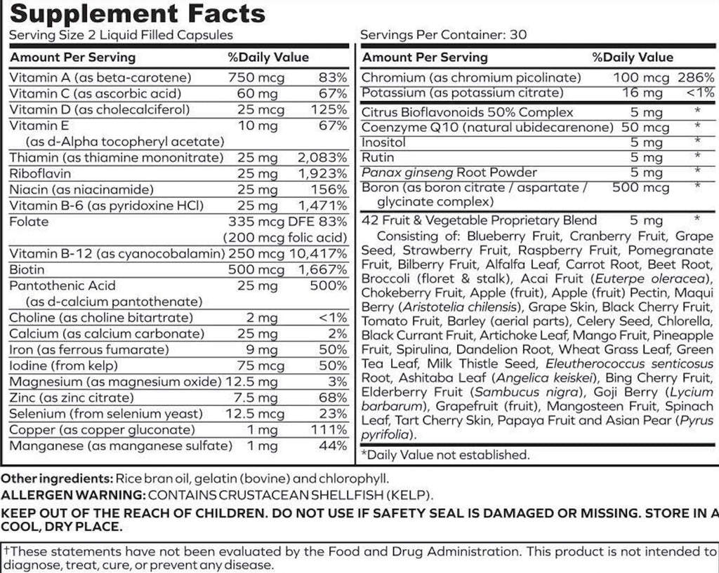 Envitamin Ultimate Multivitamin supplement facts label close up