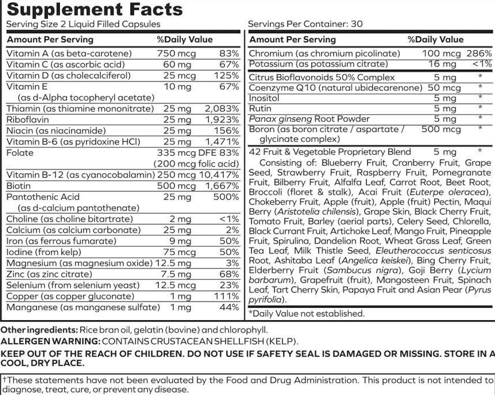 Envitamin daily multimineral capsules label showing forty two fruit blend