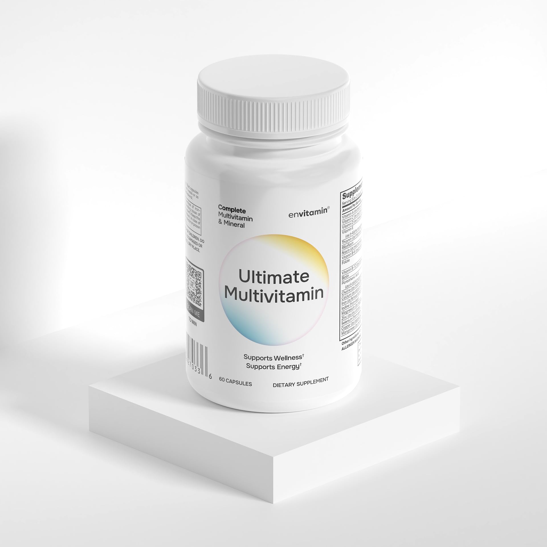 Nutrient facts panel on Envitamin imported multivitamin supplement bottle