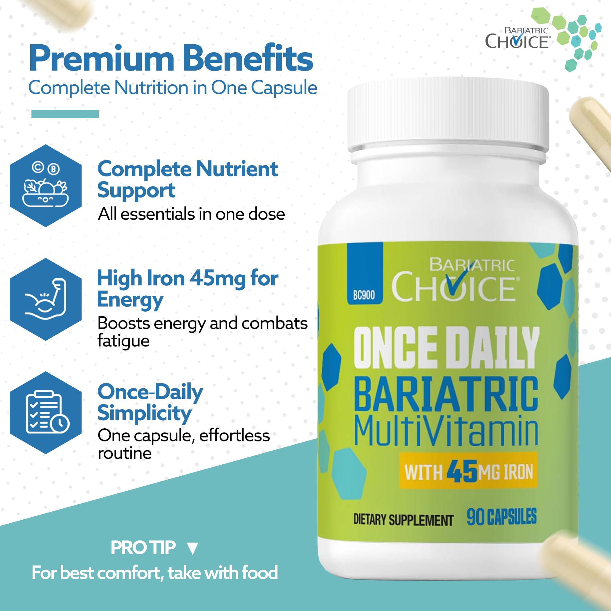 Bariatric Choice high potency supplement bottle displaying ninety count capsules size