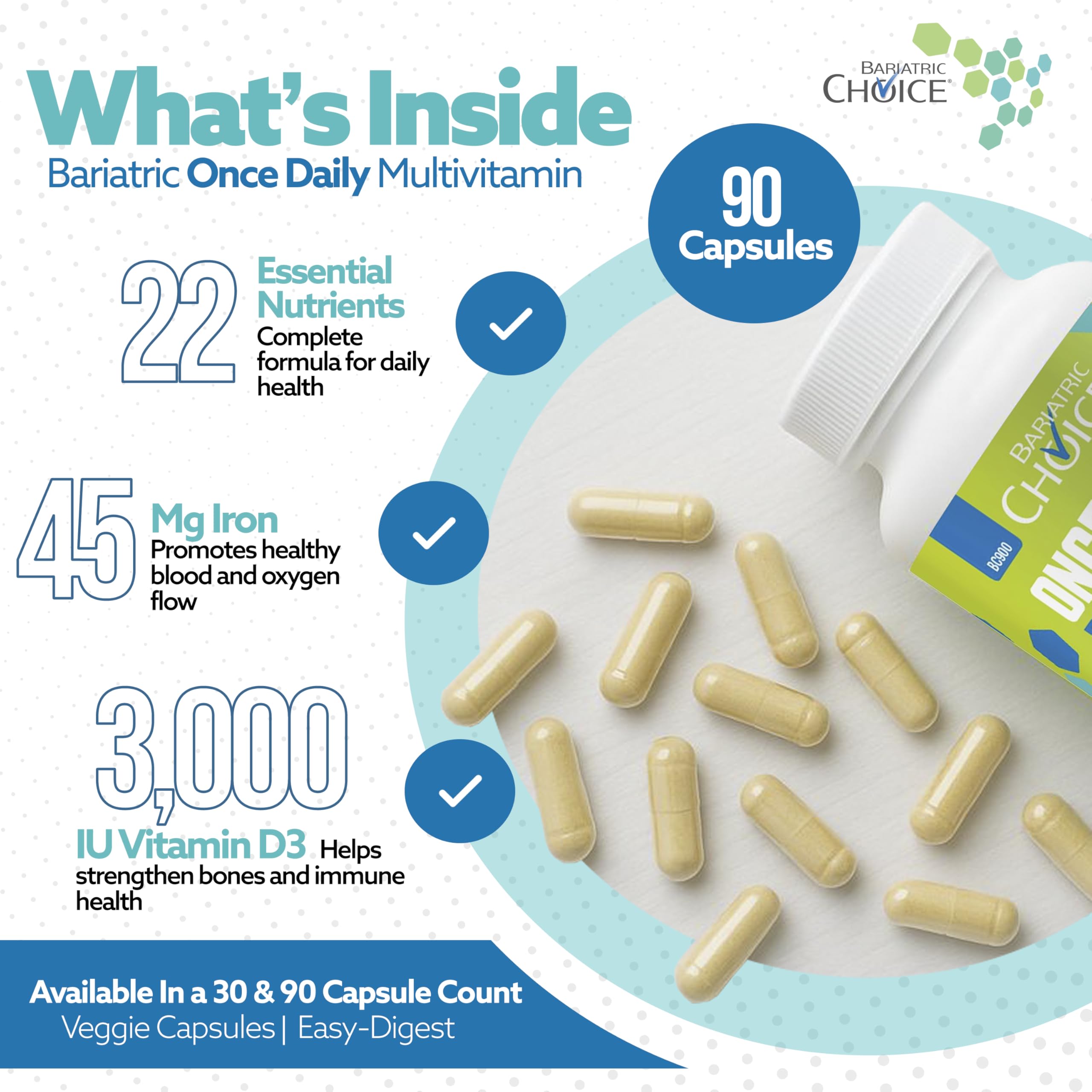 Supplement facts panel on Bariatric Choice Once Daily Multivitamin bottle showing vitamin profile