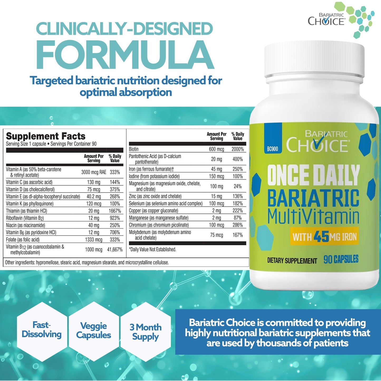 Bariatric Choice once daily capsule container highlighting the 3 month supply benefit