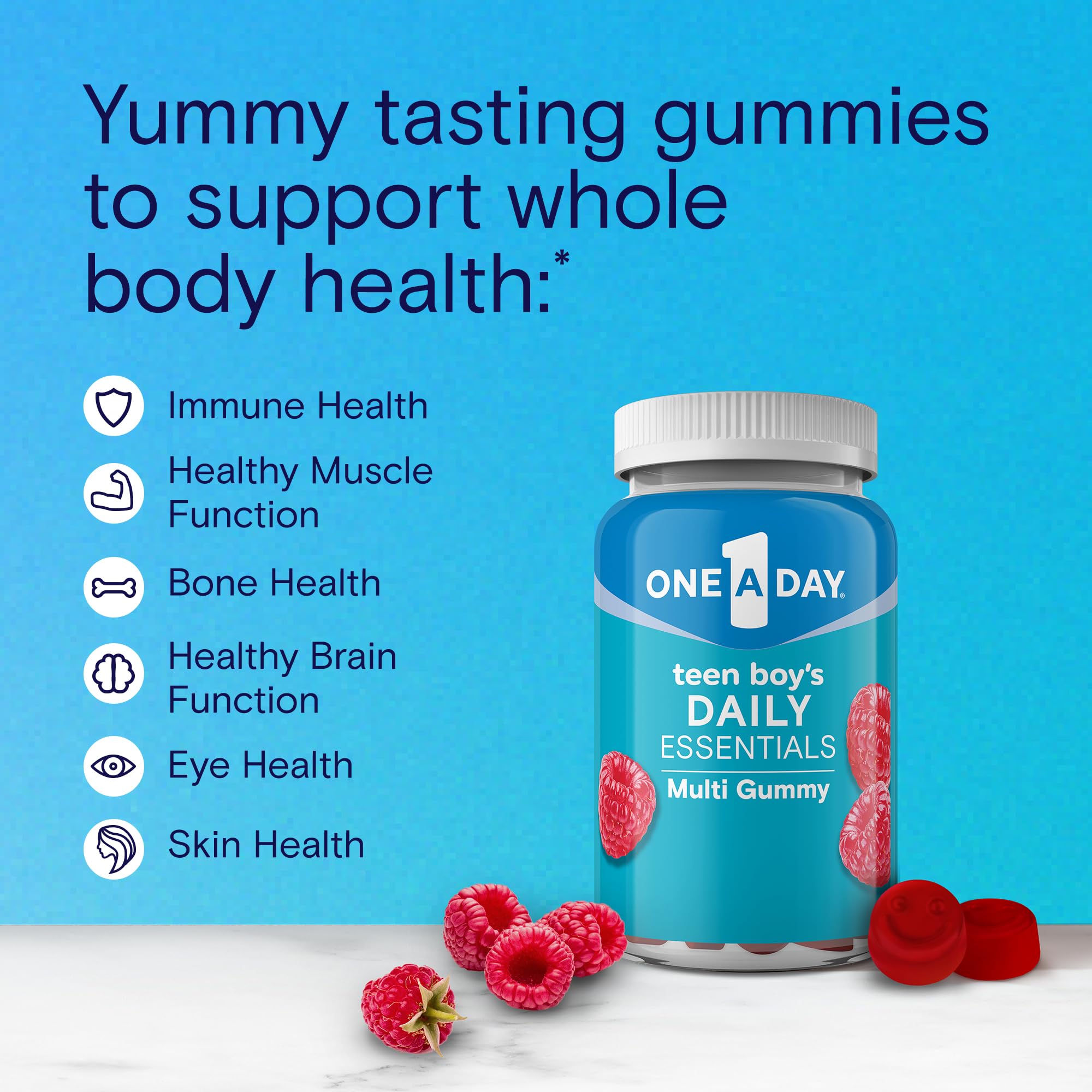 USA imported One A Day teenage boys multivitamin supplement bottle label showing immune and bone health benefits.