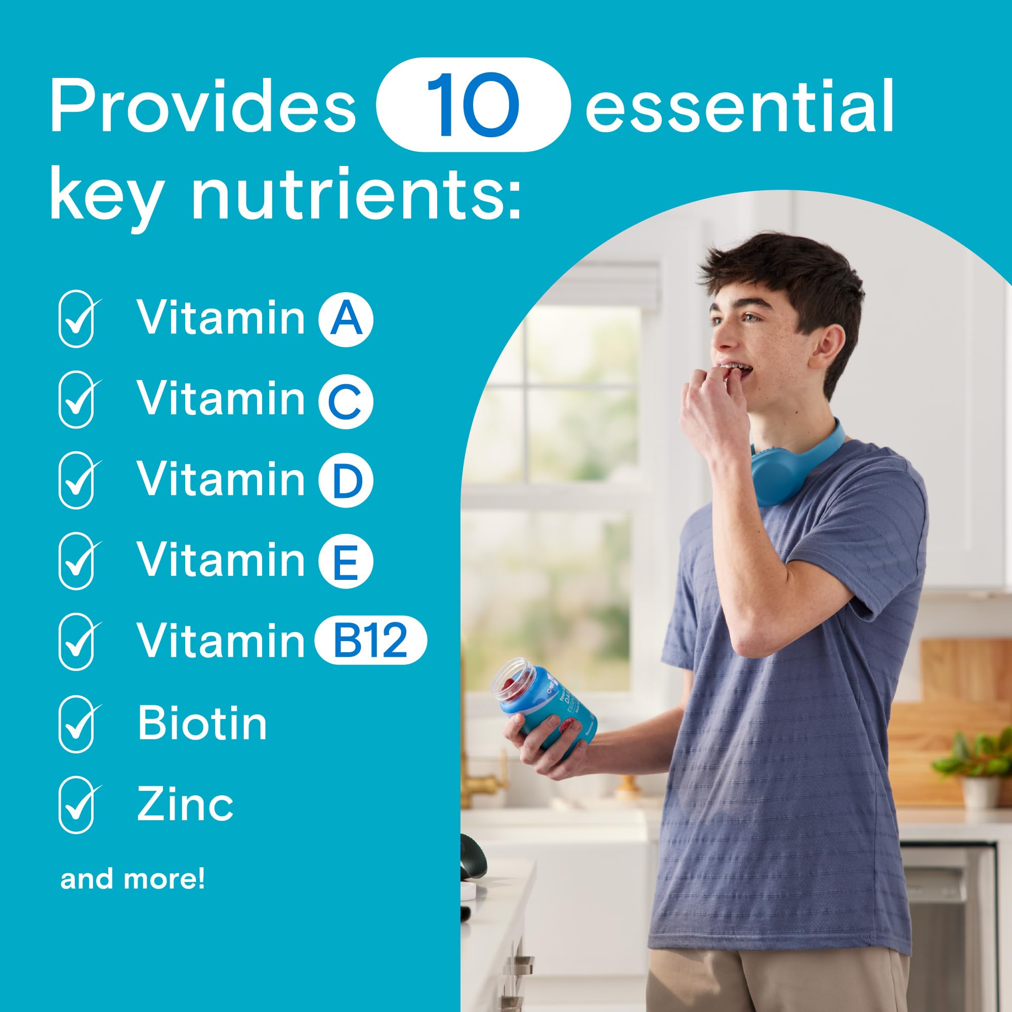 Back label of One A Day teen boy daily essentials multivitamin showing full supplement facts and ingredients list.