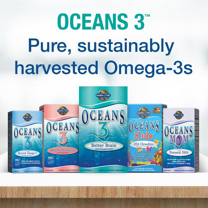 Garden of Life Oceans Mom Prenatal DHA supplement bottle on a clean background