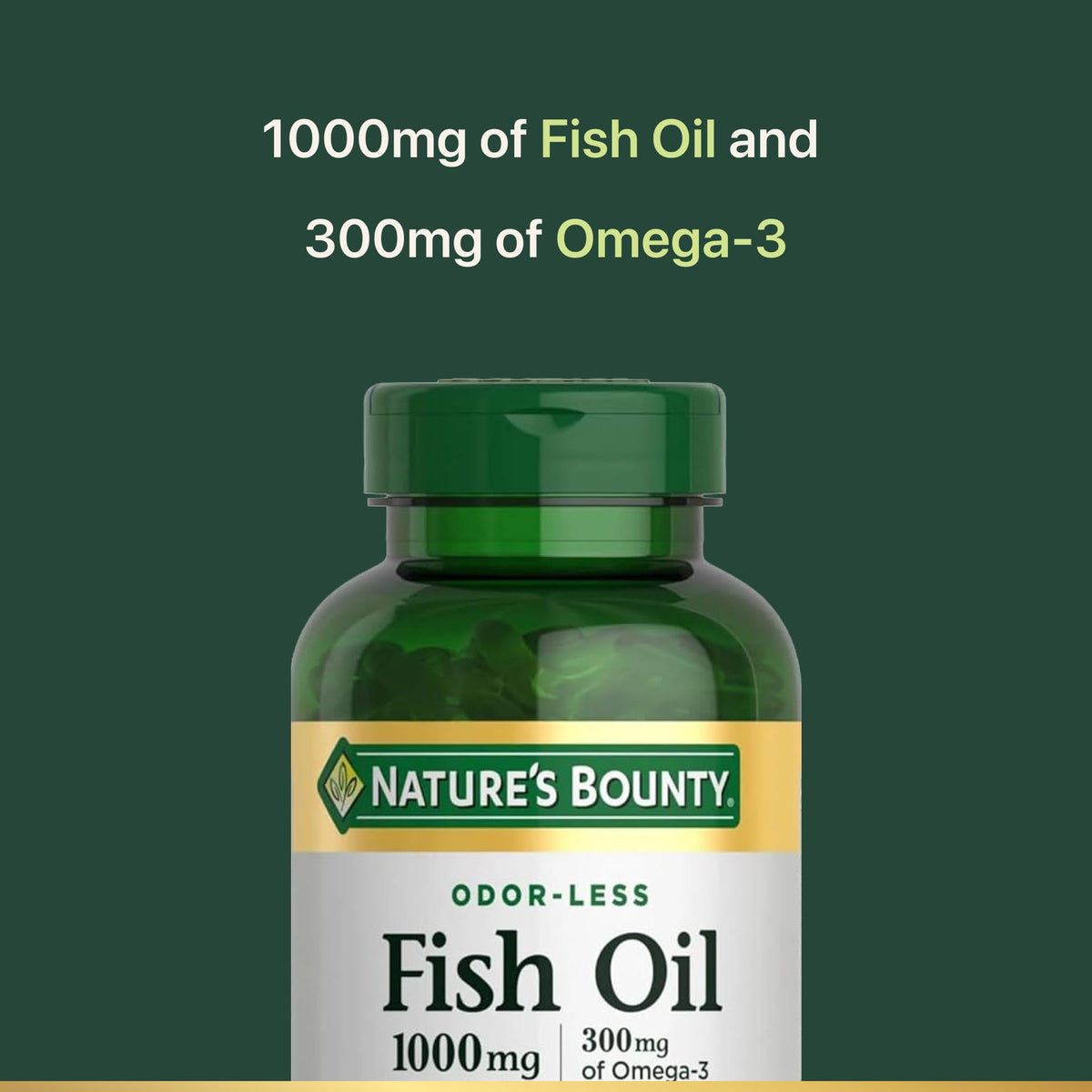 Close-up view of Nature's Bounty coated fish oil softgels arranged next to the green supplement bottle.