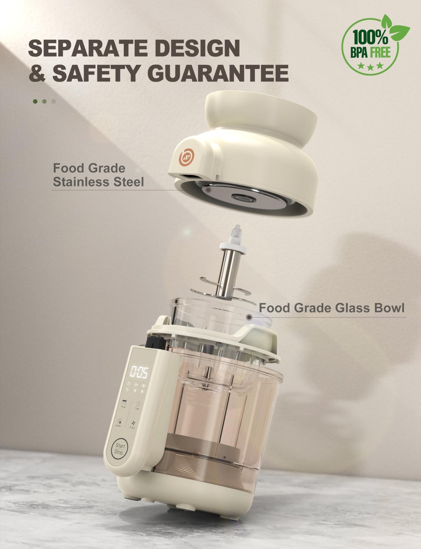 BABYNUTRI baby blender and steamer appliance processing fresh vegetable puree for infants.