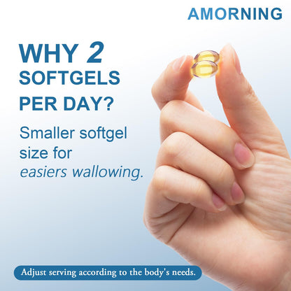Close up view of small easy to swallow AMORNING omega 3 fish oil softgels