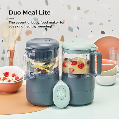 Babymoov 4 in 1 baby food maker demonstrating simultaneous steam cooking and blending functions