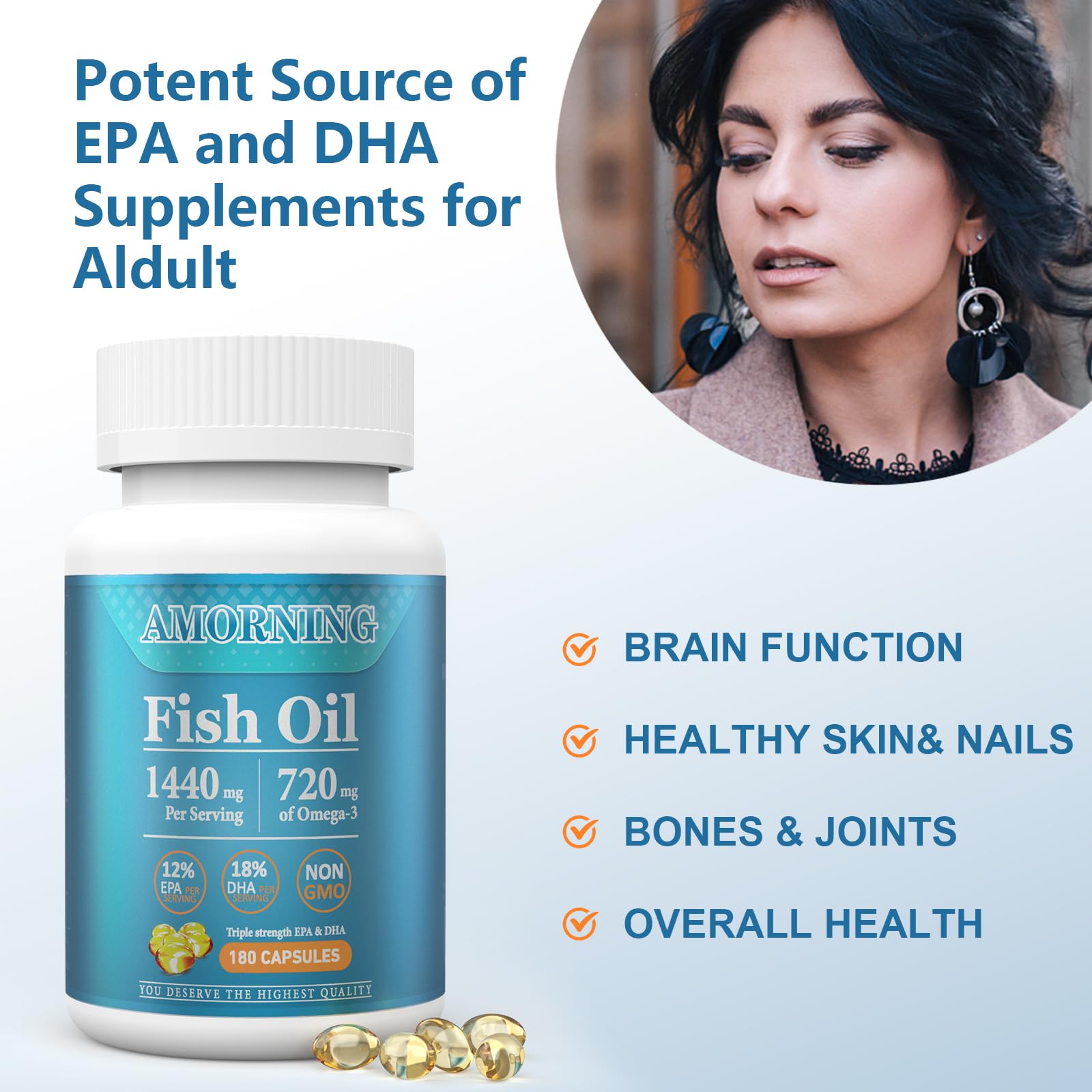 Side view of AMORNING fish oil dietary supplement bottle showing ingredient purity details