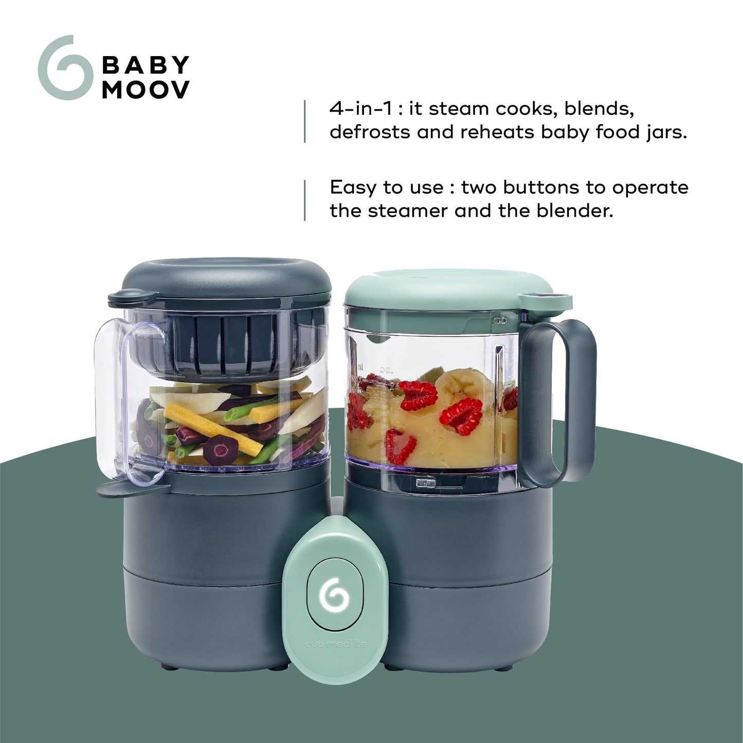 Babymoov multi purpose baby food processor with separate steaming baskets for preserving nutrients