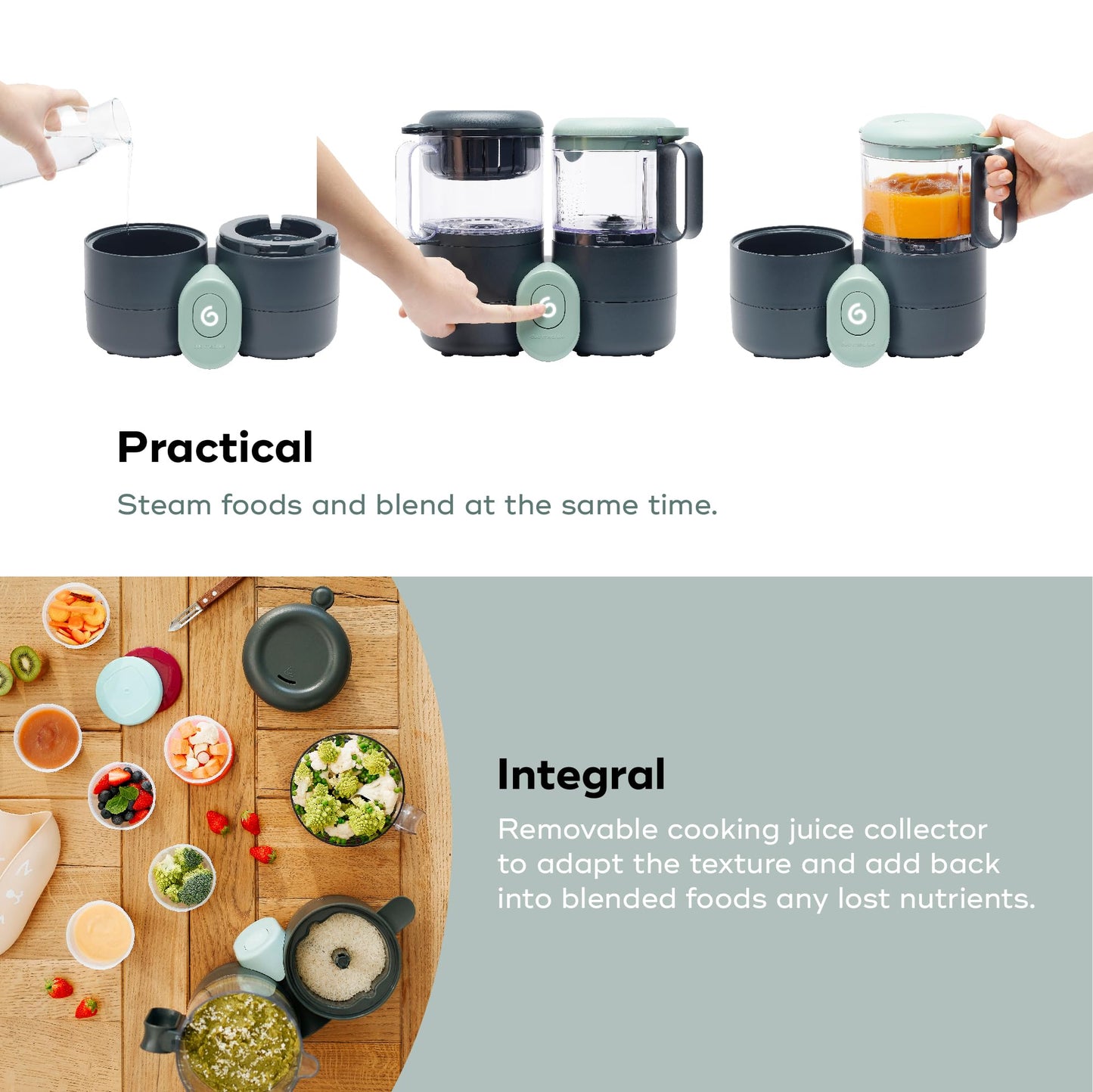 Babymoov baby food blender jar and steamer bowl highlighting the large capacity design