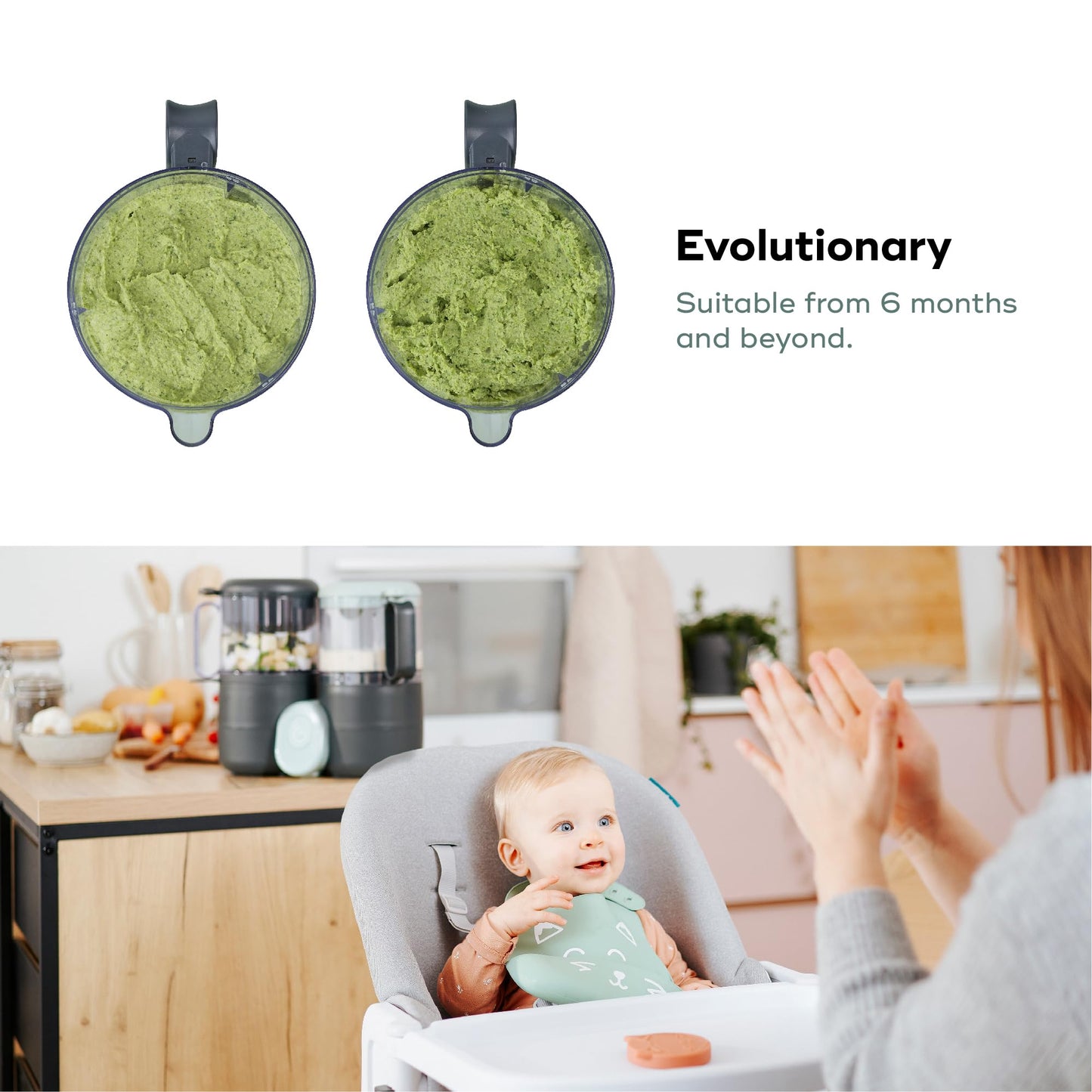 Babymoov infant puree maker showing the single central button control panel interface