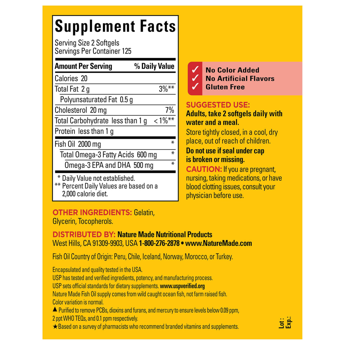 Nature Made omega 3 bottle back view with ingredients list