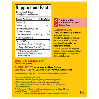 Nature Made Omega 3 supplement bottle standing upright illustrating secure flip cap design.