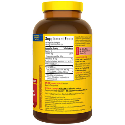 Imported Nature Made fish oil 250 capsules container showcasing wild caught sourcing specifications.