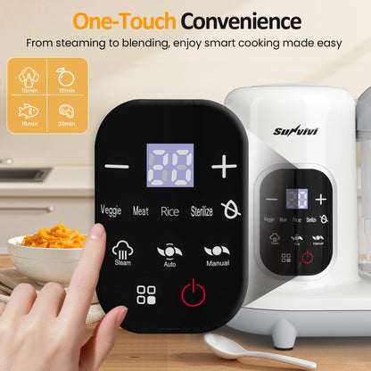 Sunvivi electric baby food processor combo steaming fresh diced vegetables inside the kitchen