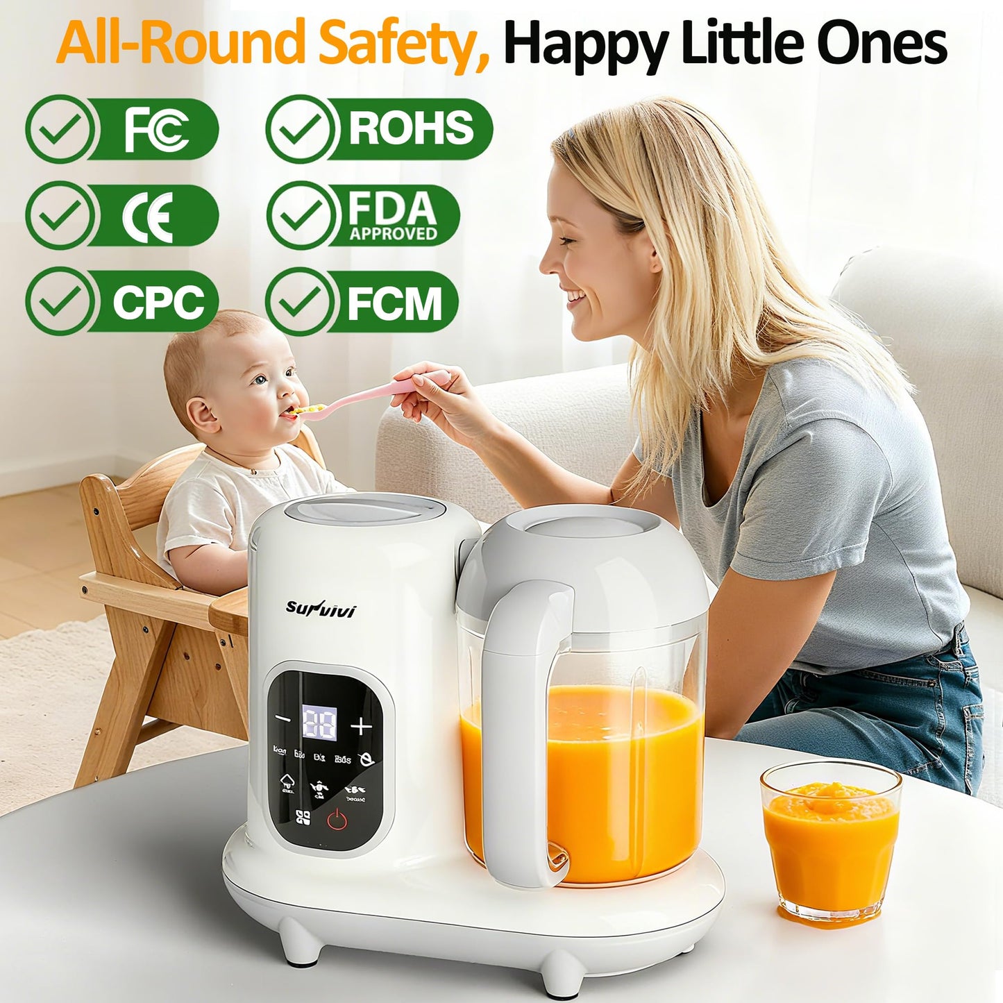 Side view of Sunvivi baby food grinder showing the secure built-in safety locking mechanism
