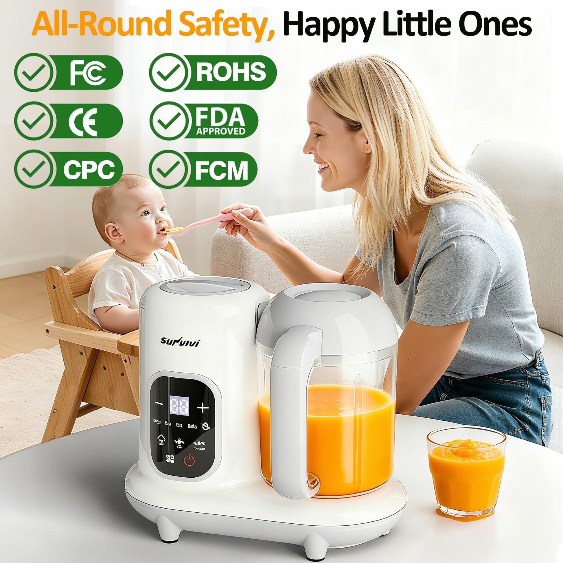 Side view of Sunvivi baby food grinder showing the secure built-in safety locking mechanism