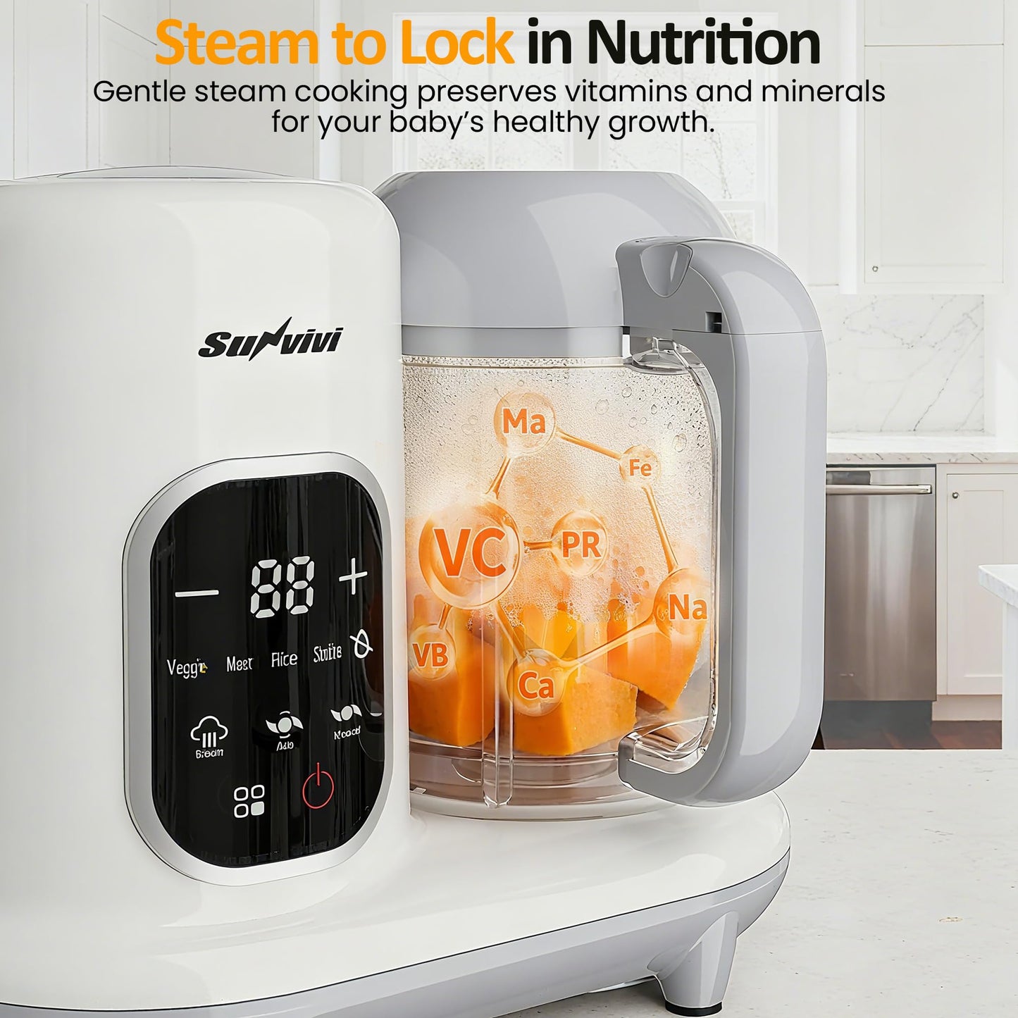 Close up of the smart touchscreen display panel on the Sunvivi baby meal prep machine
