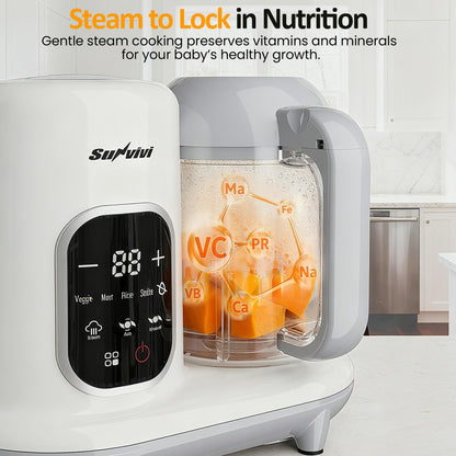 Close up of the smart touchscreen display panel on the Sunvivi baby meal prep machine