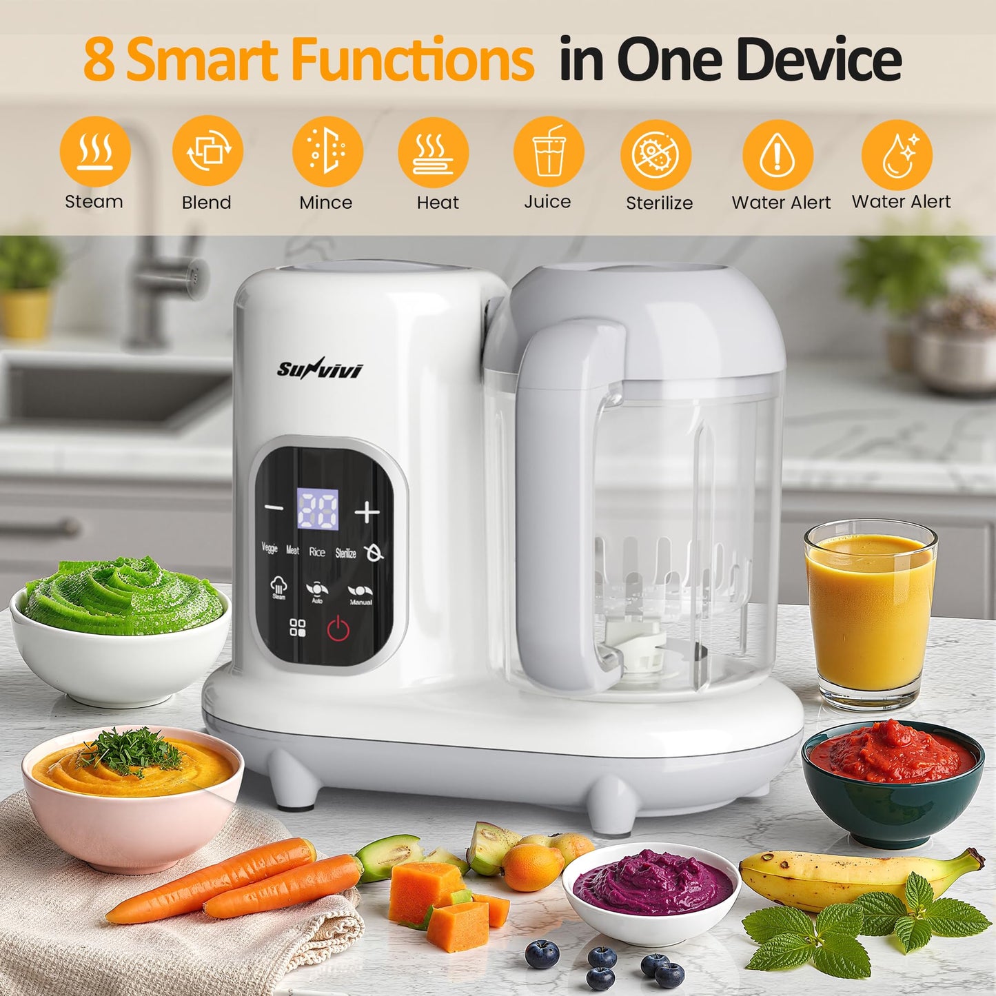 Sunvivi multi-functional blender processing smooth organic fruit puree for infant feeding