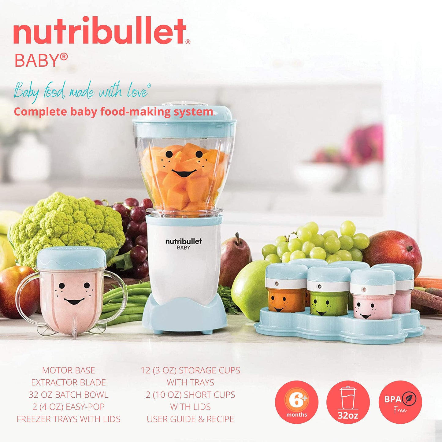 NutriBullet Baby food blender showing the thirty two ounce batch bowl attached to the power base