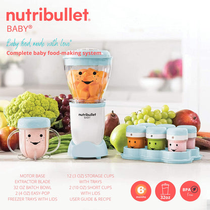 NutriBullet Baby food blender showing the thirty two ounce batch bowl attached to the power base